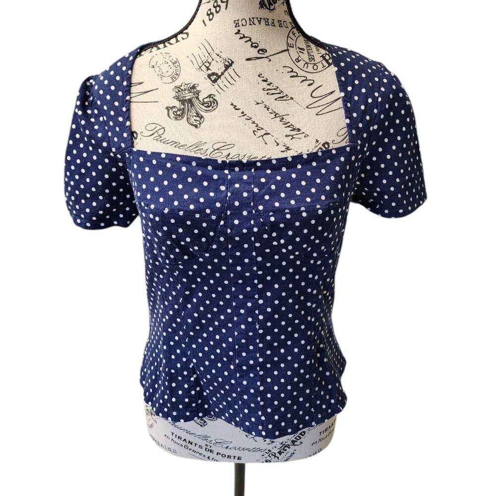 Meaneor Women's Blue Polka Dot Top with Zipper Back, Size XL, Vintage-Inspired